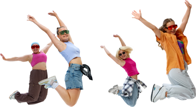 Four friends, dressed in stylish, colorful attire and sunglasses, show off their dance moves in fun against transparent background. Concept of music, fashion and art, retro and modernity, movement. - Powered by Adobe
