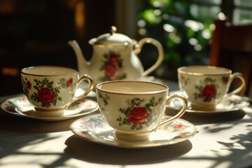 Floral teacups and teapot bathed in sunlight, a serene and elegant tea time scene.