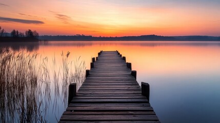 Obraz premium Wooden pier extends into calm lake waters during beautiful sunset