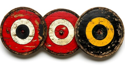 Three vintage wooden targets with concentric circles in red, white, and black.