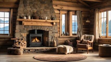 A rustic living room featuring a large stone fireplace with a wooden mantel