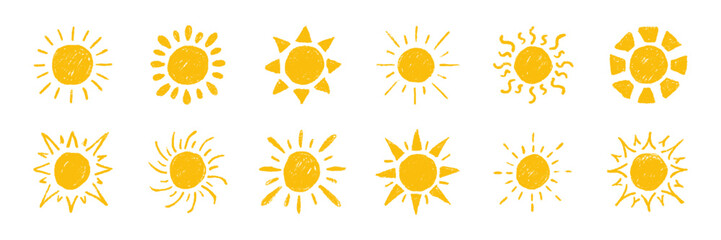 Crayon pencil hand drawn sun collection. Chalk twinkle, blink, firework, silhouette and sparkles glowing symbols in sketch style. Vector doodle texture illustration