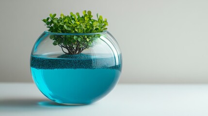 Environmental Sustainability and Conservation in ESG Strategy. A vibrant plant in a glass bowl filled with blue water, showcasing modern design.