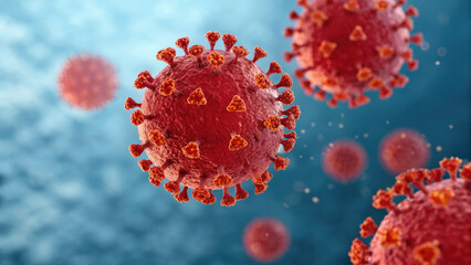 Close-up of vibrant red spherical dengue virus particles, representing infection and health risk, in a microscopic view. Concept of disease, microbiology, and medical research.