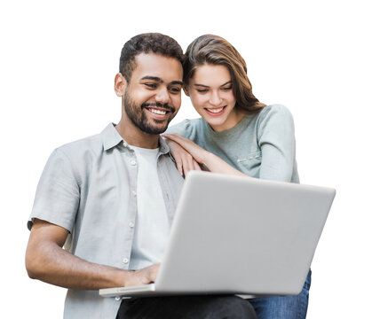 Beautiful happy young couple using laptop computer isolated transparent PNG. Joyful smiling woman and man looking at notebook. Love, travel, tourism, students lifestyle concept