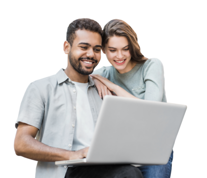 Beautiful happy young couple using laptop computer isolated transparent PNG. Joyful smiling woman and man looking at notebook. Love, travel, tourism, students lifestyle concept
