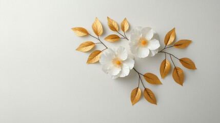 Elegant Floral Arrangement with White Flowers and Gold Leaves on a Soft Neutral Background for Home Decor and Craft Projects
