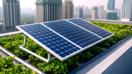 Corporate ESG for Environmental Sustainability and Conservation. Solar panels on a rooftop garden, promoting renewable energy and urban sustainability.