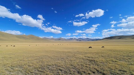 Fototapeta premium Open grassland landscape featuring horses under a bright blue sky