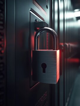 Metal padlock in a data center, safeguarding sensitive information.
