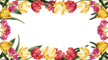 Floral frame with tulips for postcards and invitations. Watercolor illustration.