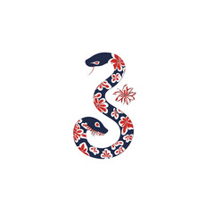 Obraz premium Ornate Floral Snake Design Red and White Flowers on Navy Blue Serpent