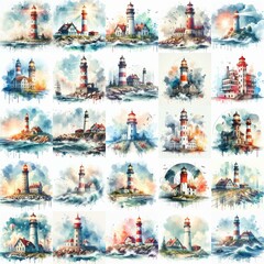Lighthouse. Watercolor digital art. AI generated illustration