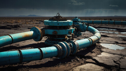 Abandoned turquoise pipeline infrastructure decaying in a dry desert landscape