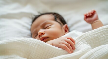 Peaceful newborn sleeping under soft white blanket in bright room