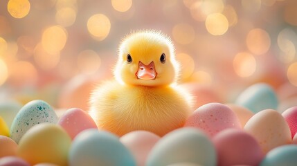 Cute yellow duckling surrounded by colorful eggs in a soft and bright environment