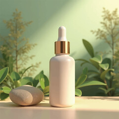 3d realistic serum mockups, without label, serum mockup in nature, nature background, realistic cosmetic mockups, flowers, plants, petals, wood, cosmetic products, serum bottle, cosmetic bottles
