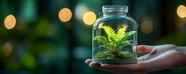 Explore the tranquility of nature with this Artistic glass terrarium with delicate ferns and moss, softly illuminated in a cozy space Perfect for adding a touch of green to any room, these miniature