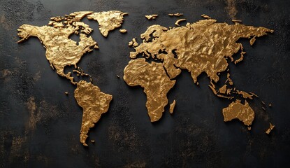 Golden world map on a dark background.  Detailed 3D rendering of continents in gold on a dark textured surface.  Exuding richness and global scope
