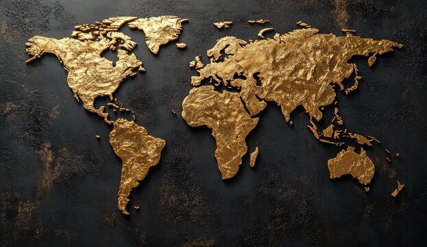 Golden world map on a dark background.  Detailed 3D rendering of continents in gold on a dark textured surface.  Exuding richness and global scope