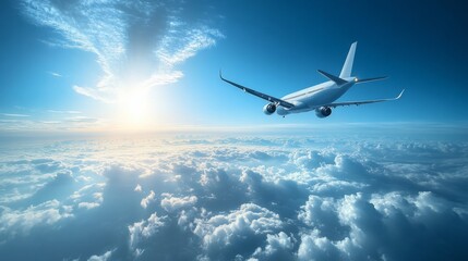 Naklejka premium Airplane flying over fluffy clouds during sunset in clear blue sky providing an awe-inspiring view of the horizon