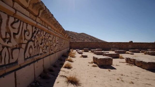 Ancient Zapotec ruins under clear blue sky, exploring Oaxaca's historical heritage, Mexican cultural tourism, Dia de los Muertos backdrop