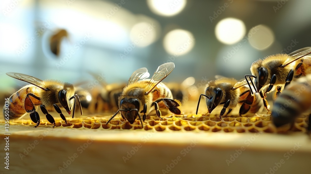 Poster busy group of bees working together on a hive displaying cooperation and importance of pollination