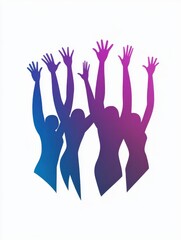 Fototapeta premium Line art logo of people raising their arms together, featuring gradient of purple to blue on white background, emphasizing collaboration