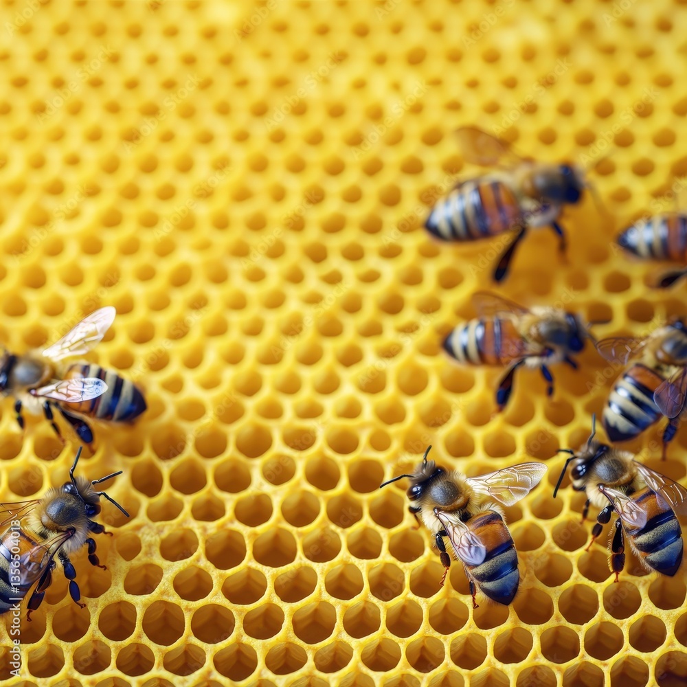 Poster a close-up view of bees busy on a honeycomb collecting nectar and creating sweet honey