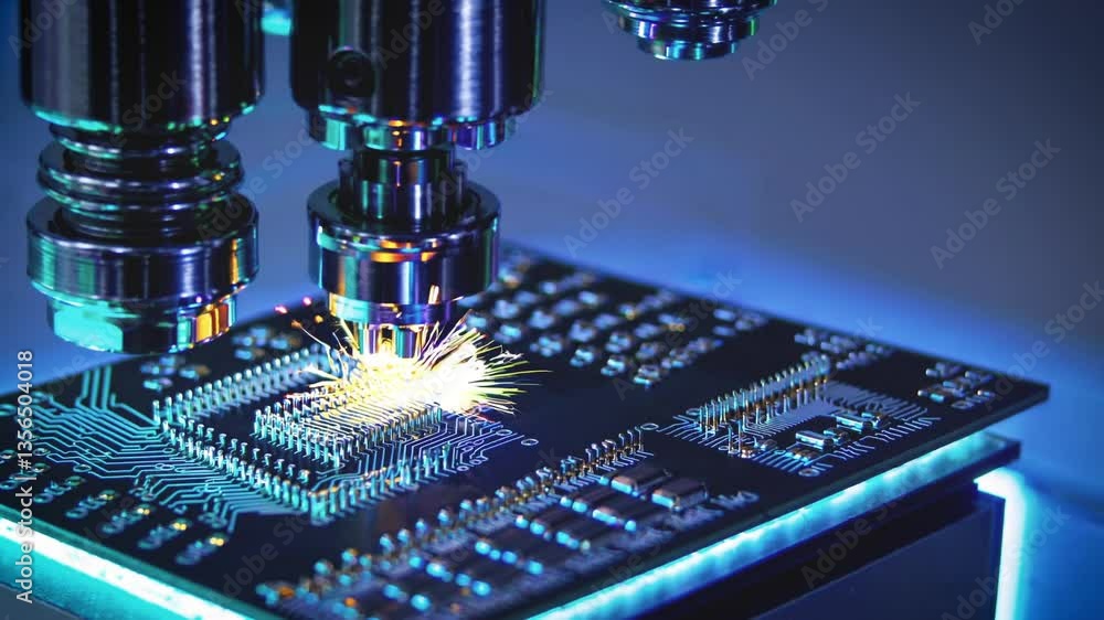 Poster advanced machinery welding intricate nano-wires on a circuit board with sparks and cool-toned lighti