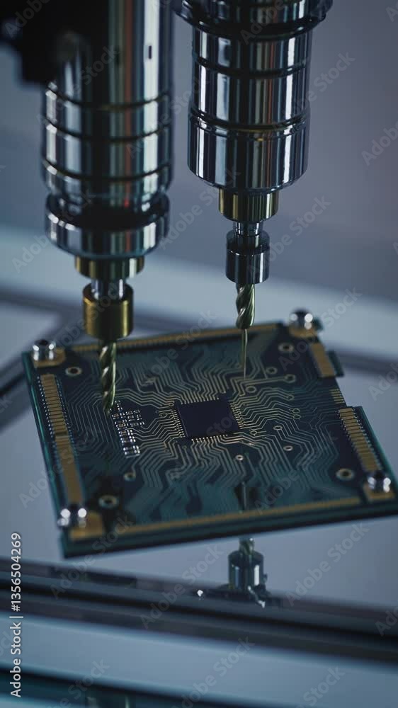 Poster high-tech robotic drill creates sparks while soldering microchip, symbolizing innovation and accurac