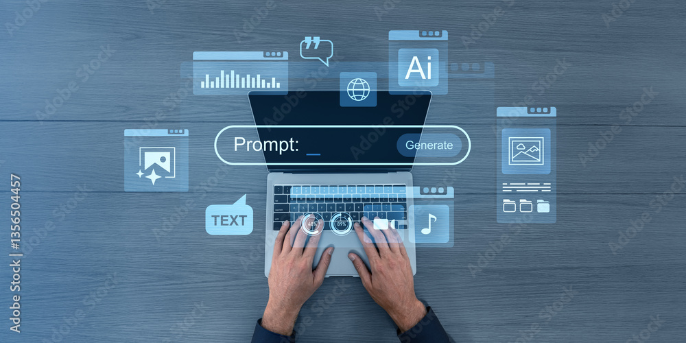 Poster hands typing on laptop with ai prompt interface and futuristic digital elements.