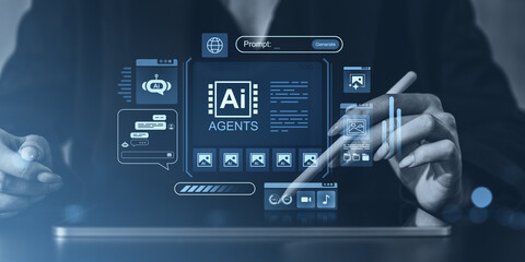 Futuristic AI interface with chatbot and agent icons on digital screen.