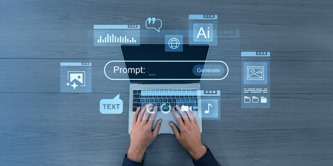 Hands typing on laptop with AI prompt interface and futuristic digital elements.