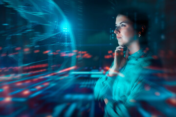 Woman in a futuristic setting with digital data and augmented reality elements