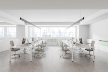 Modern office interior with desks and chairs. 3D Rendering