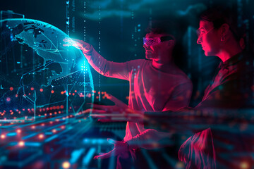 Two people interacting with a digital hologram in a futuristic setting