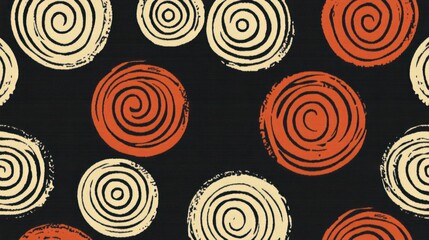 Abstract Spiral Design: A Seamless Pattern of Swirling Circles in Orange and Beige on a Dark Background