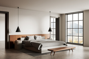 Minimalist modern bedroom with large windows and neutral decor. 3D Rendering