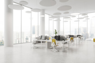 Modern office interior with large windows and circular ceiling lights. 3D Rendering