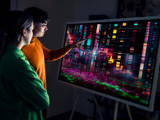 Two people analyzing data on an augmented reality screen in a modern workspace