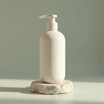 3d cosmetic products, 3d shampoo bottles, shampoo bottles, nozel, without label, shampoo bottle mockup, shampoo bottle with nature background, flower plants,leaves, realistic, forest,stone