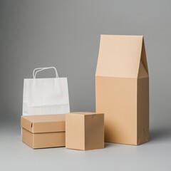 cardboard boxes, a white paper bag, and brown kraft packaging on a grey background. Mockup for the design