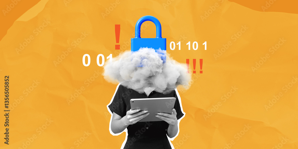 Poster cybersecurity concept with padlock and cloud data protection.