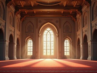Fototapeta premium Sunlit ornate interior with arched windows, red carpet, and intricate architectural details