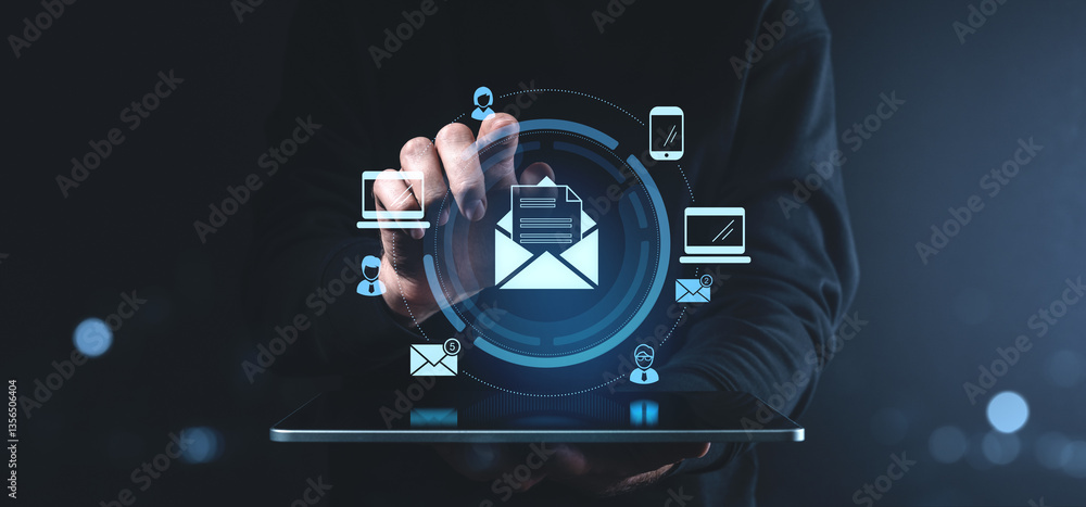 Aufkleber digital communication concept with a person using a tablet, featuring email and networking icons, gl