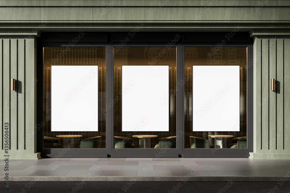 Poster outdoor storefront with three blank posters for advertisement display. 3d rendering