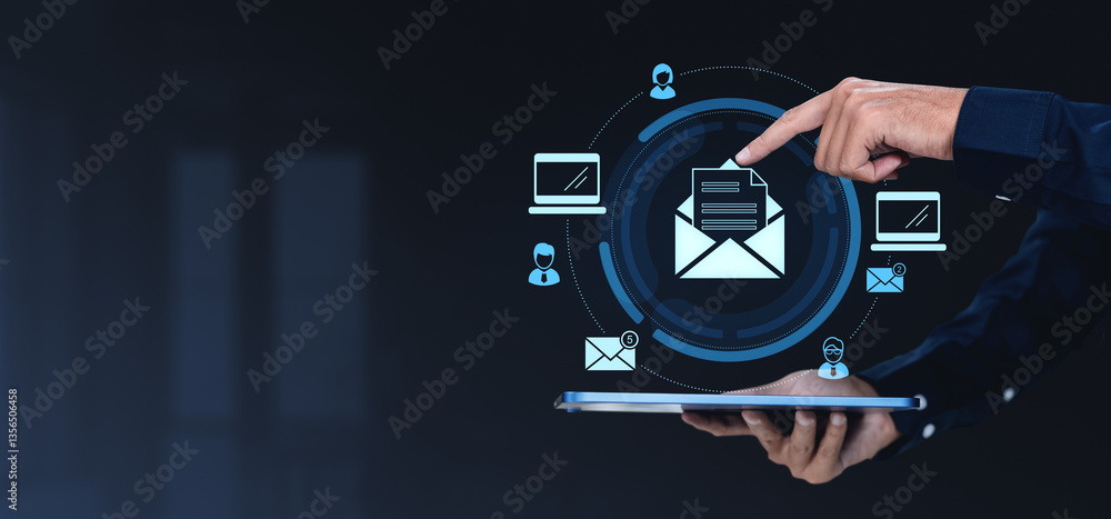 Aufkleber digital document management system concept with a businessman using a tablet.