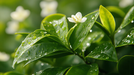 Delicate raindrops on fresh green tea leaves, a serene moment of nature's renewal.