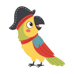 Cute Cartoon Parrot Character Wearing Pirate Hat. Vector Illustration on a white background. Cartoon illustration in children's style.